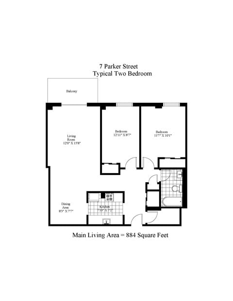 Floor plan for 2 beds, 1 bath, 884 sqft